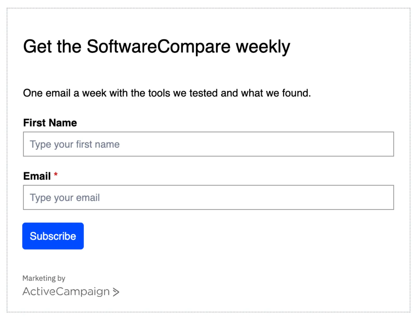 ActiveCampaign form editor with the heading Get the SoftwareCompare weekly, first name and email fields and a Subscribe button