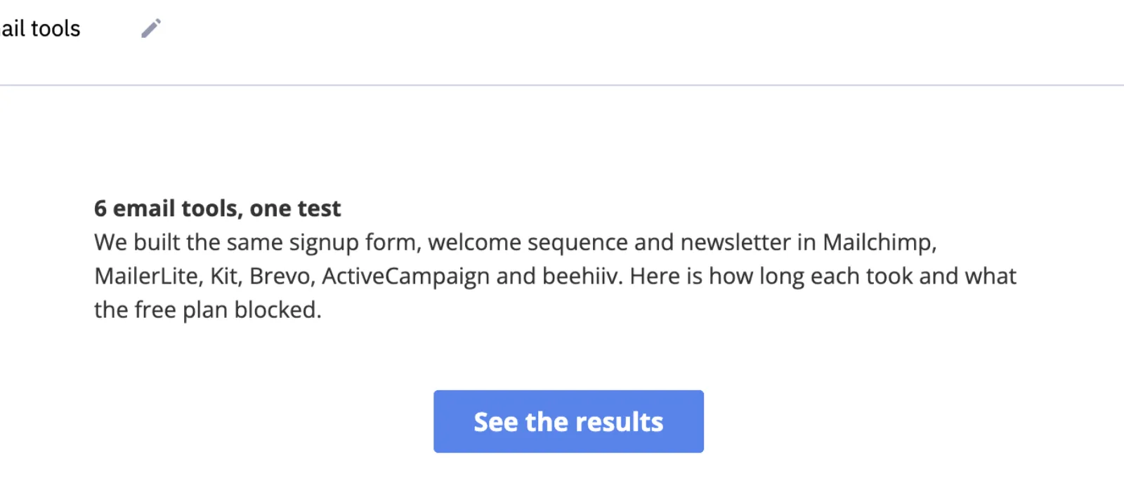 ActiveCampaign email designer with the heading 6 email tools, one test, body text and a See the results button