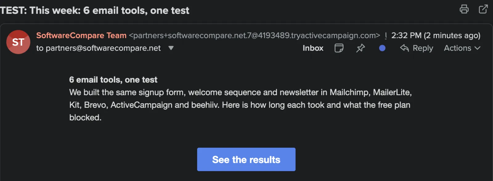Newsletter test email in the inbox, sent from a tryactivecampaign.com address