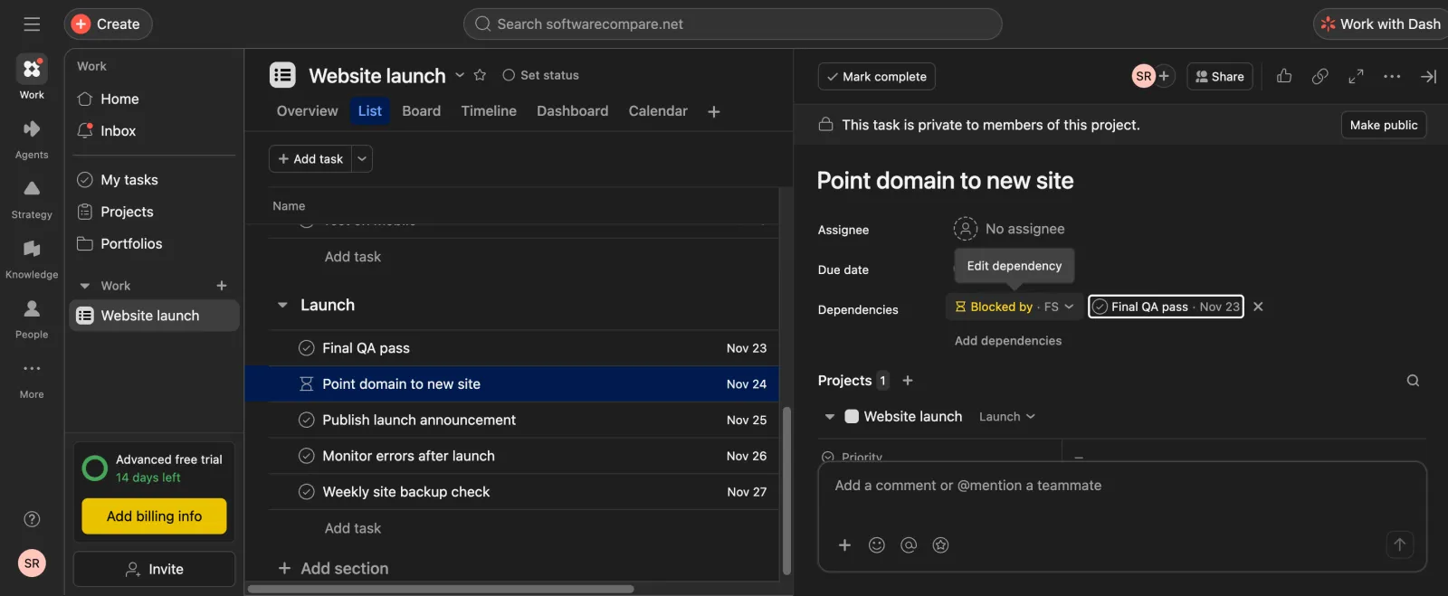 Asana task Point domain to new site showing Blocked by Final QA pass