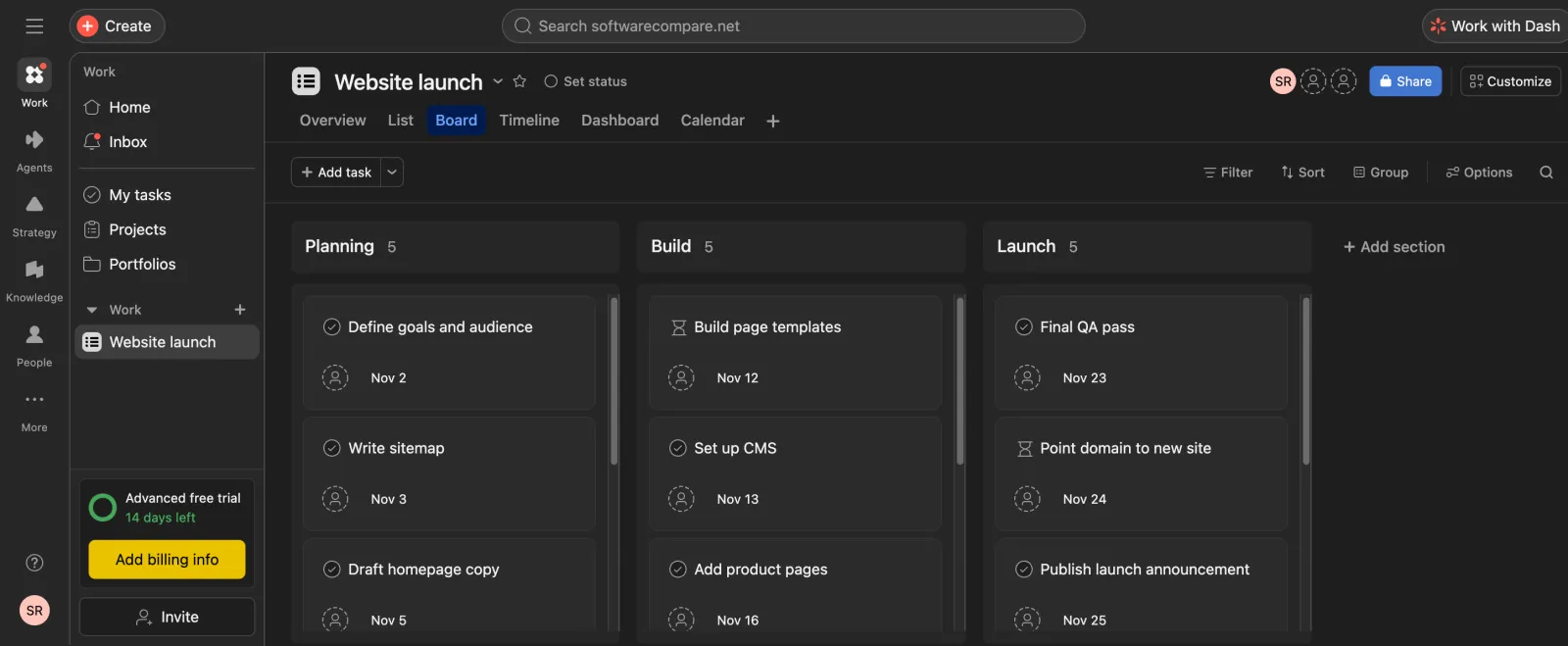Asana board view with Planning, Build and Launch columns of 5 tasks each