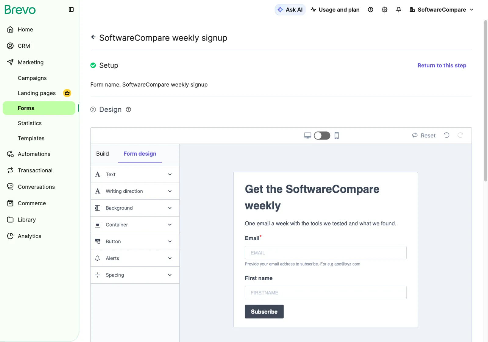 Brevo form editor with the heading Get the SoftwareCompare weekly, email and first name fields and a Subscribe button