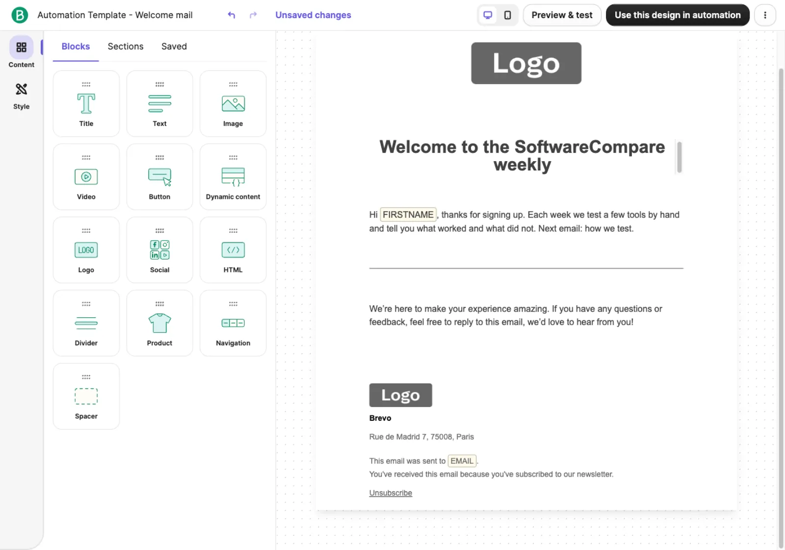 Brevo email editor with the heading Welcome to the SoftwareCompare weekly and a Hi FIRSTNAME greeting