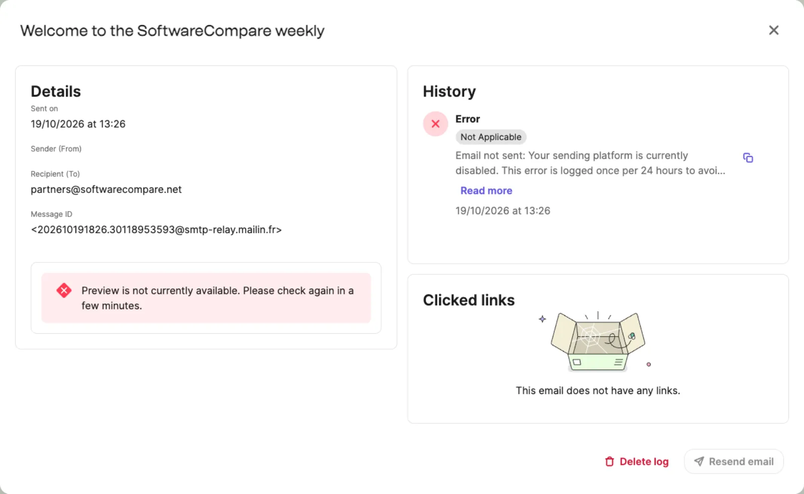 Brevo email log entry with the error Email not sent: Your sending platform is currently disabled