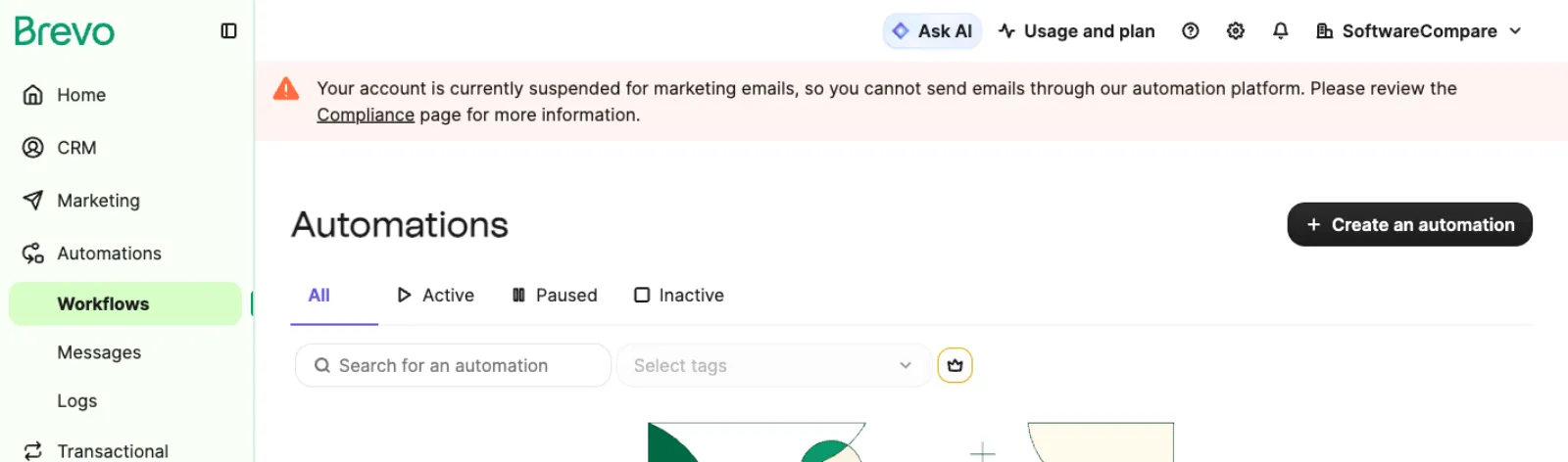 Brevo banner saying the account is currently suspended for marketing emails