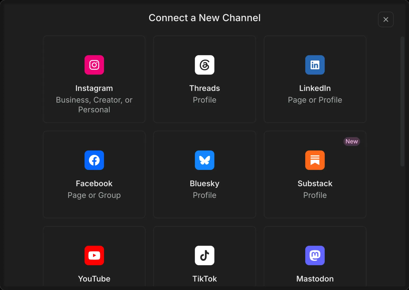 Buffer Connect a New Channel dialog with Instagram, Threads, LinkedIn, Facebook, Bluesky, Substack, YouTube, TikTok and Mastodon tiles