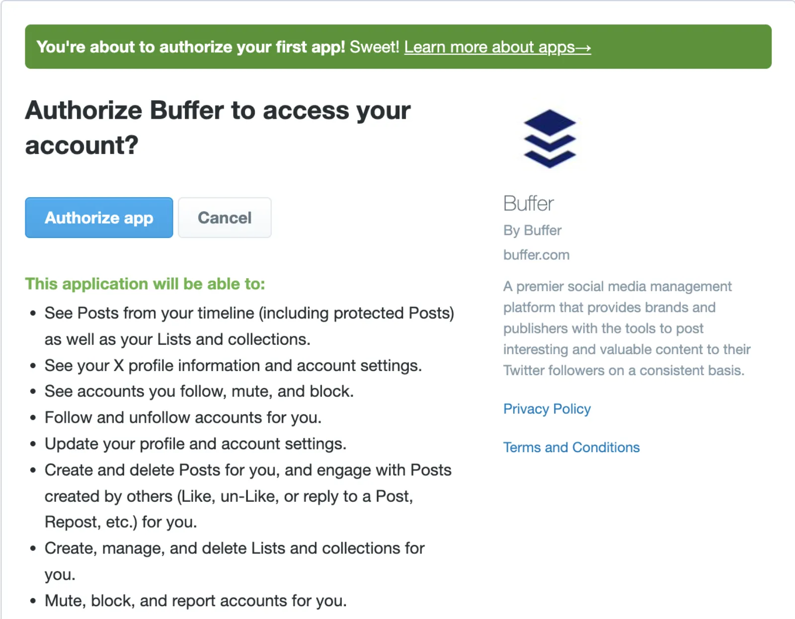 X authorize page for Buffer listing permissions such as following accounts, updating the profile and creating and deleting posts