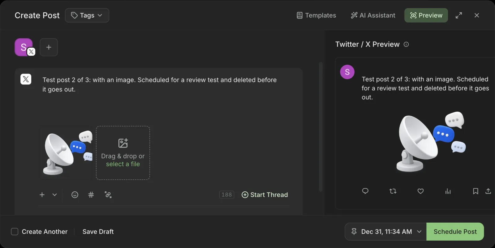 Buffer Create Post dialog with a test post and an image, an X preview on the right and the date set to December 31