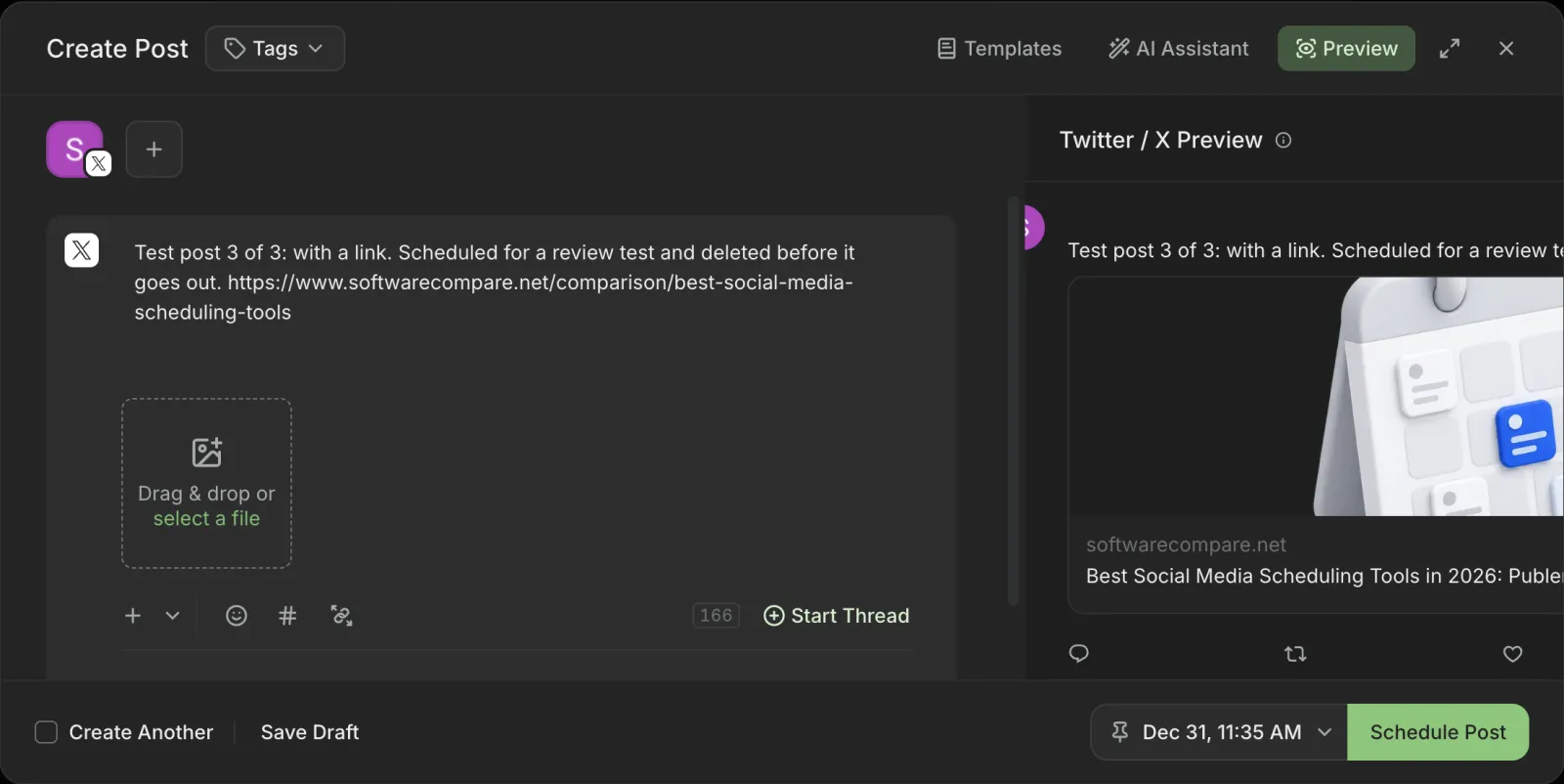 Buffer Create Post dialog with a link in the text and an X preview showing a link card with the page title and image