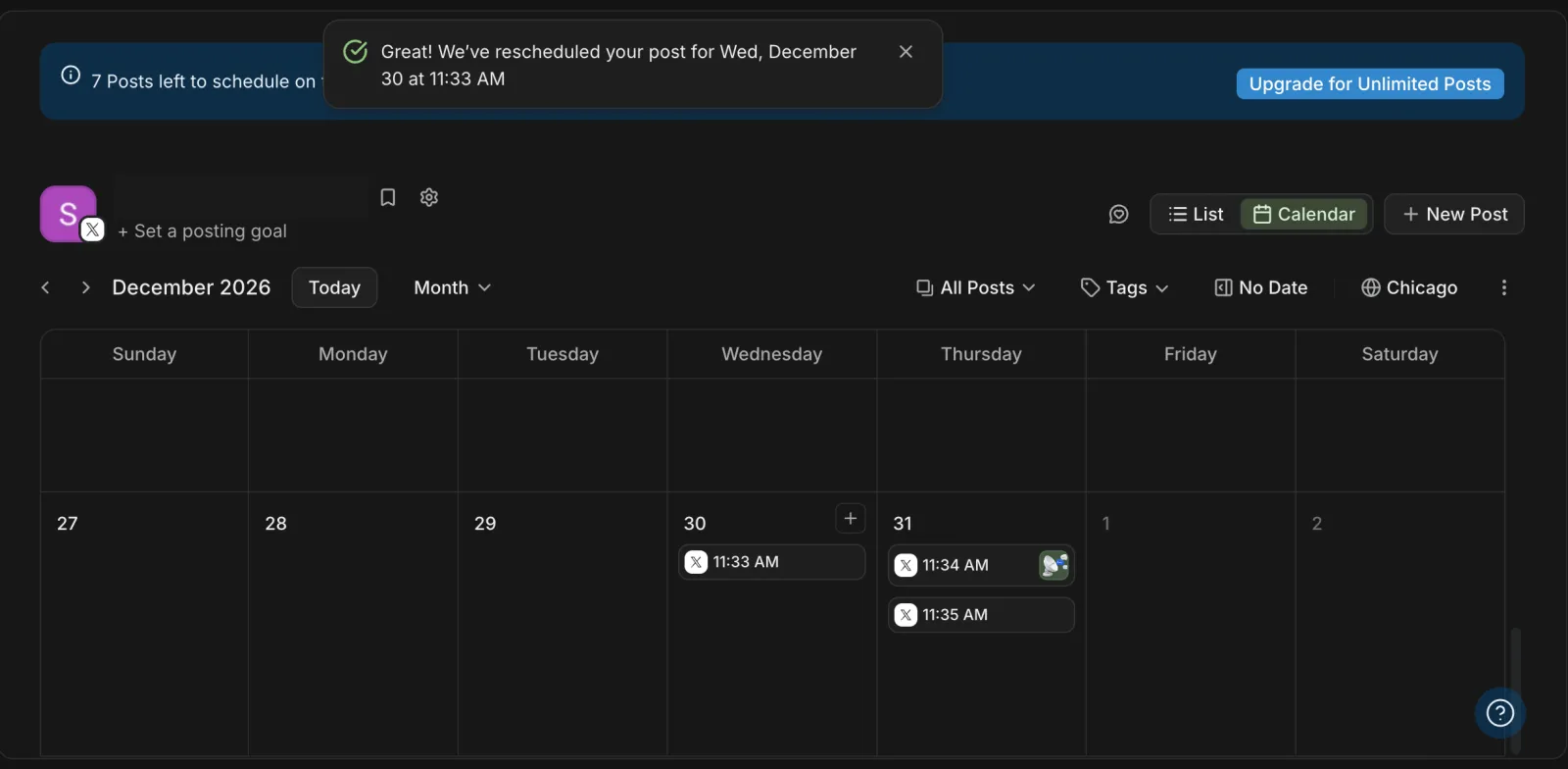 Buffer month calendar for December 2026 with one post on December 30 and two on December 31, and a message confirming the move