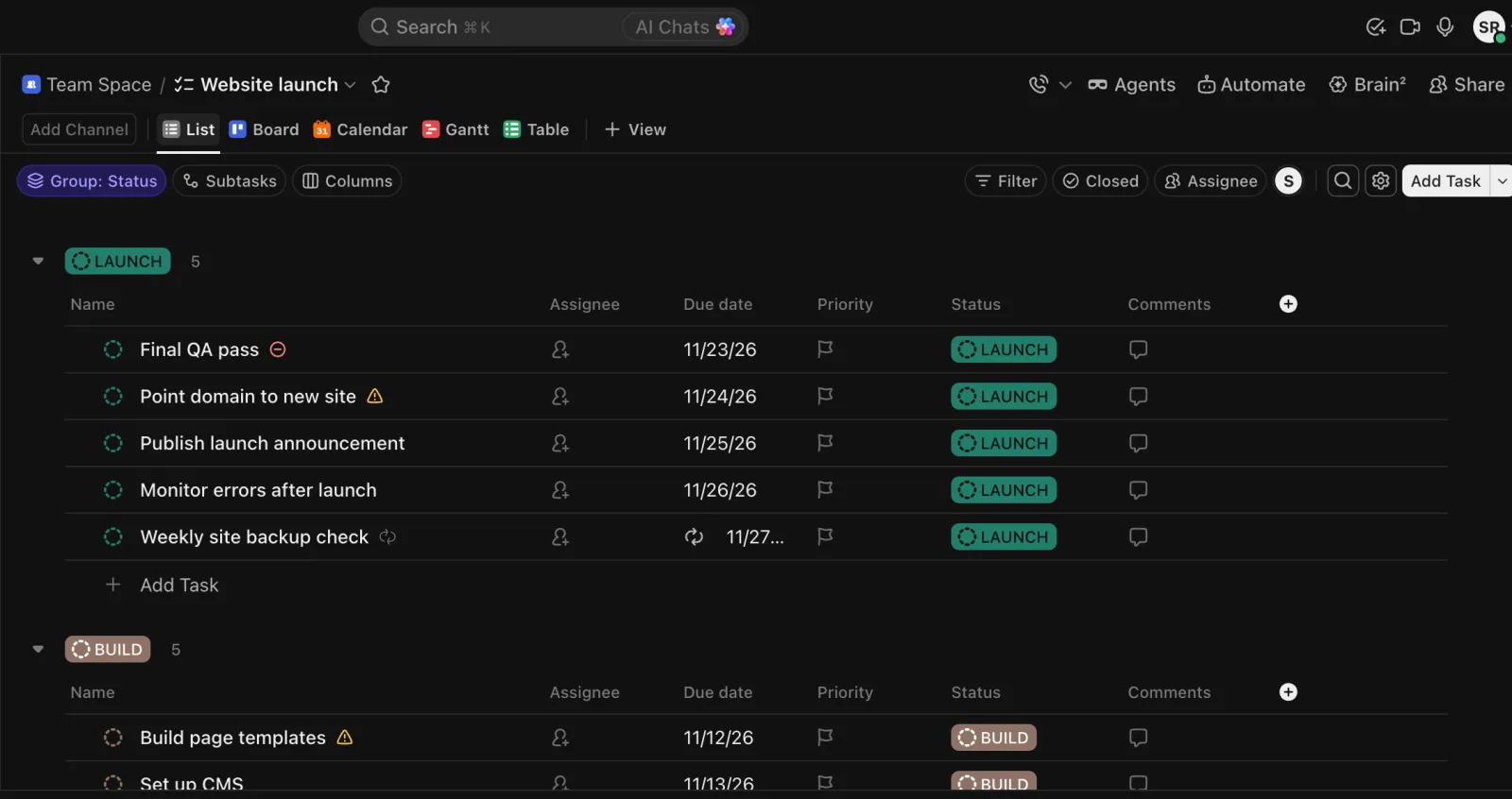 ClickUp list view with the Website launch tasks grouped under Launch and Build statuses with due dates
