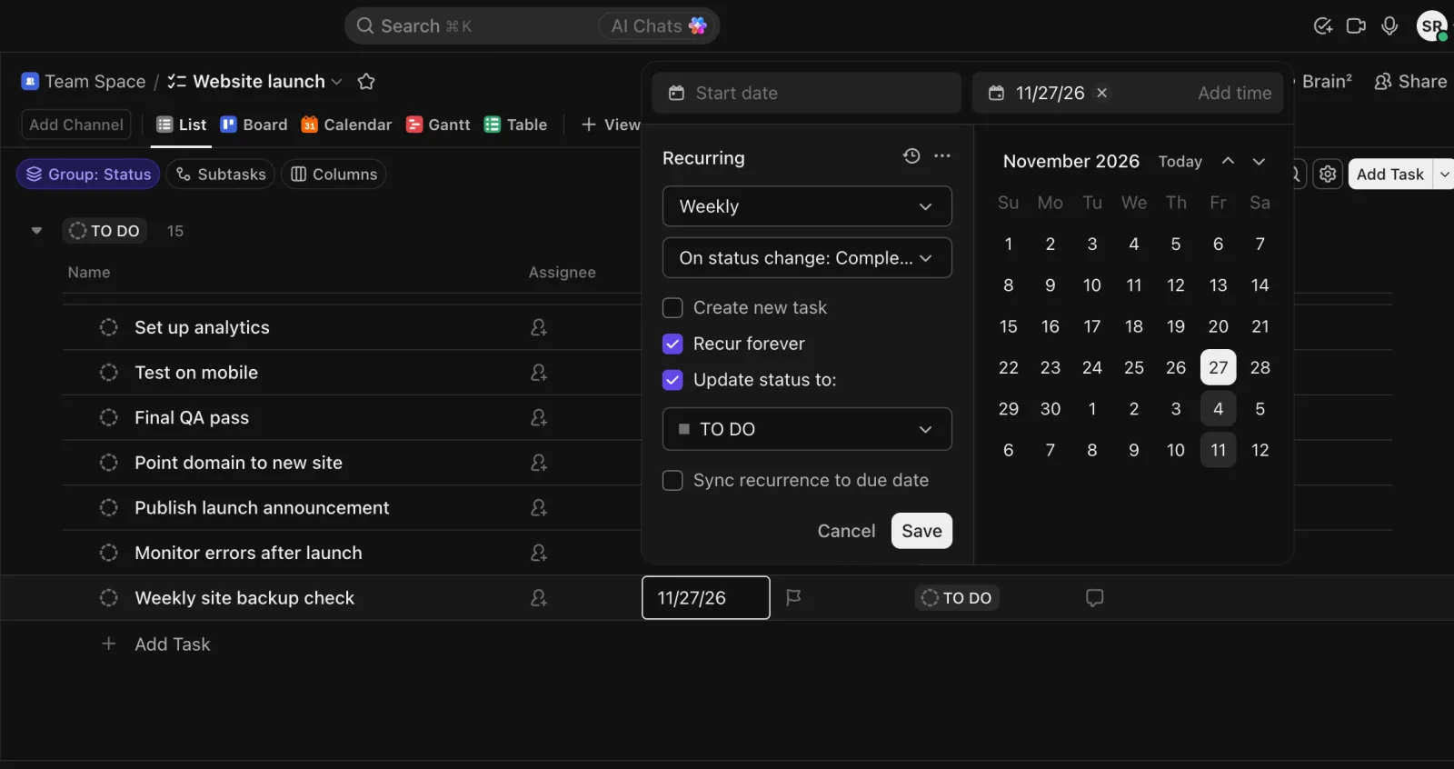 ClickUp date picker with the Recurring panel set to Weekly