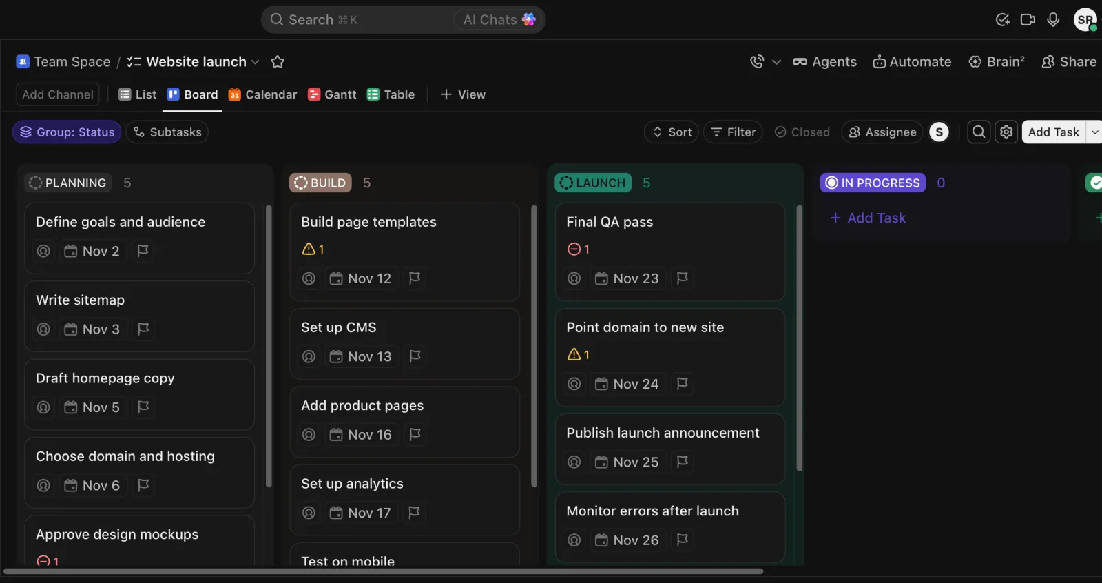 ClickUp board view with Planning, Build and Launch columns of task cards