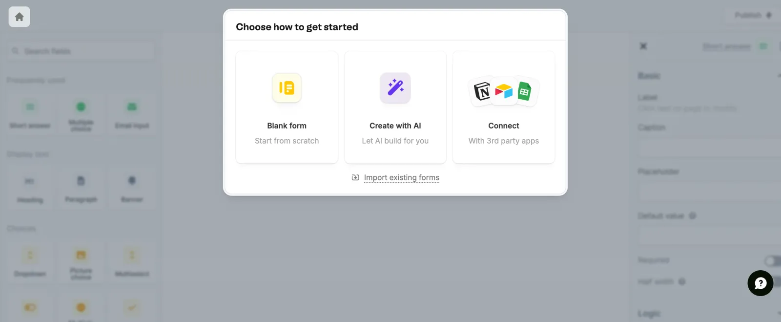 Fillout start dialog with Blank form, Create with AI and Connect options