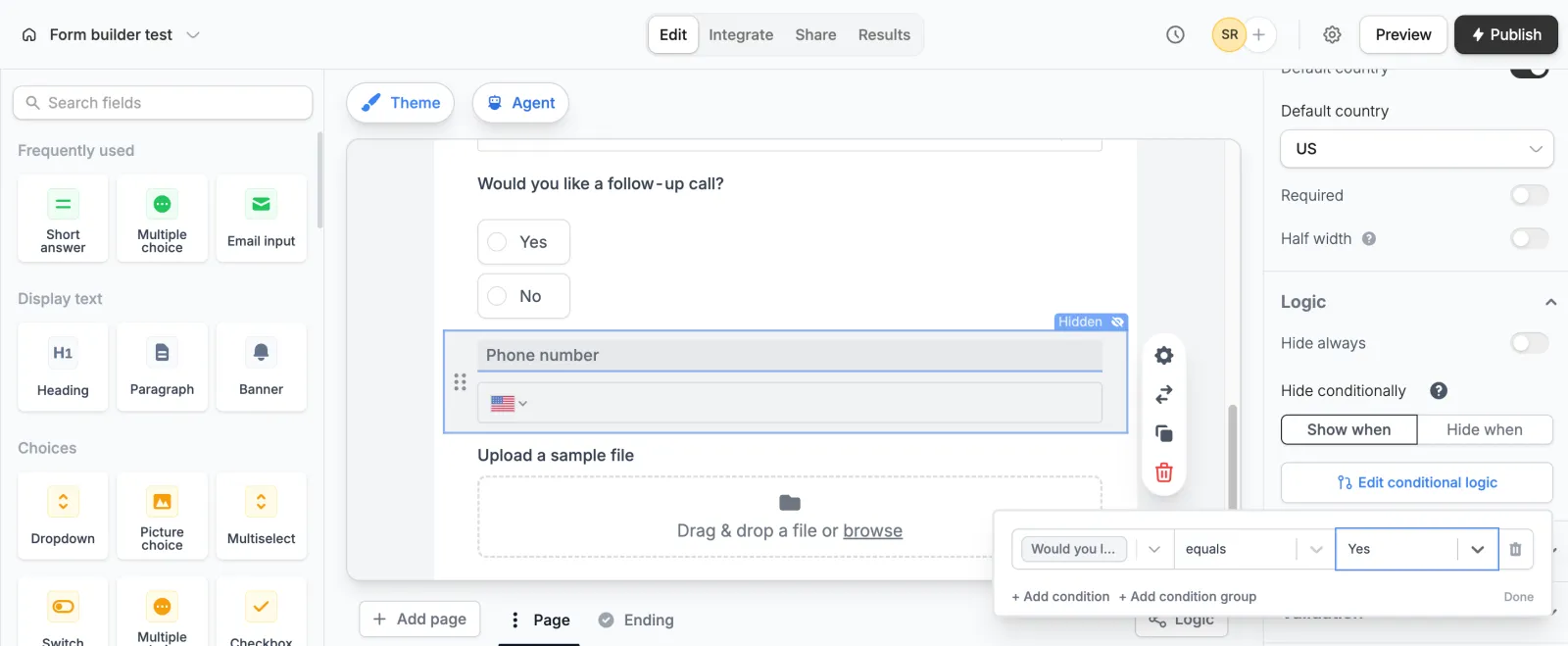 Fillout editor with the phone number field hidden unless the follow-up answer is Yes