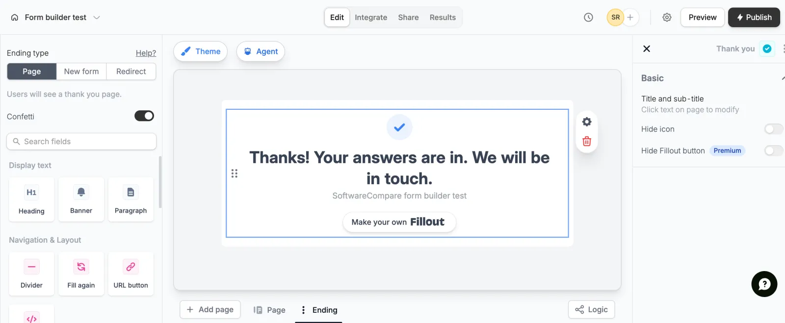 Fillout ending page editor with the thank-you text and a Premium switch to hide the Fillout button