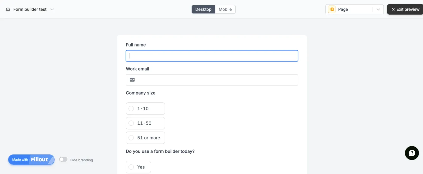 Fillout form preview with a Made with Fillout badge