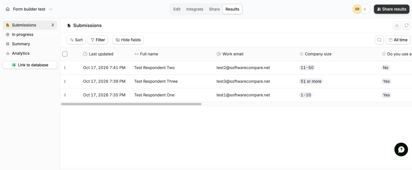 Fillout results table with three test submissions