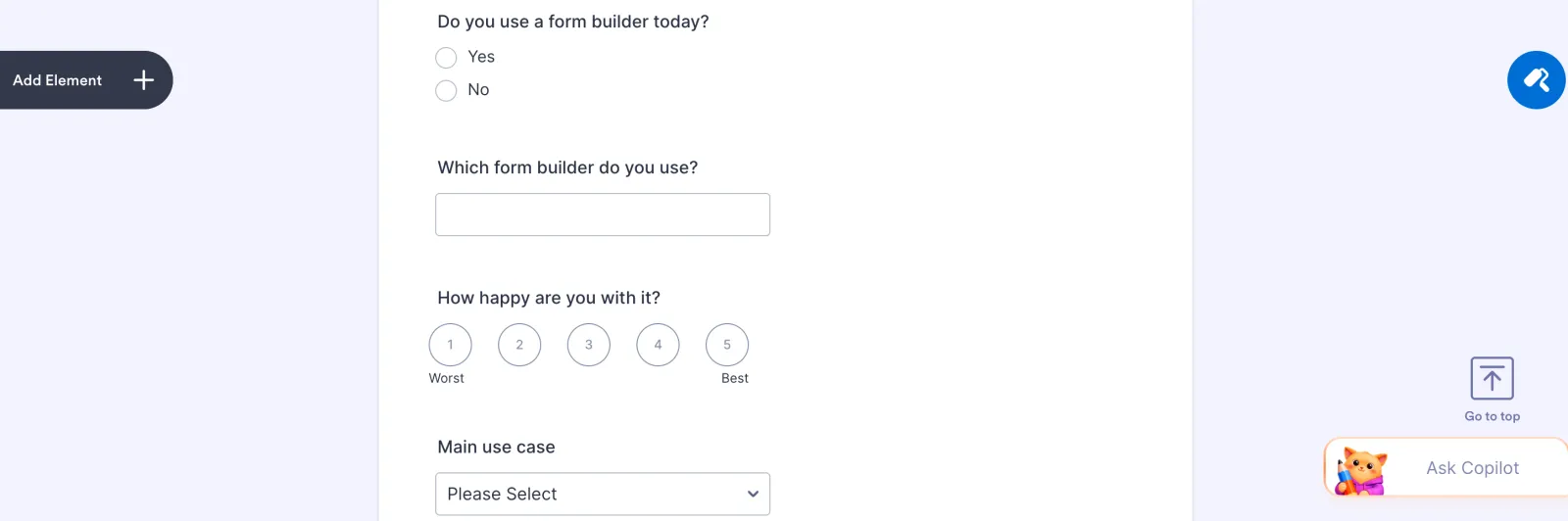 Jotform form builder showing the Yes/No question, the form builder text question, the 1 to 5 rating and the use case dropdown