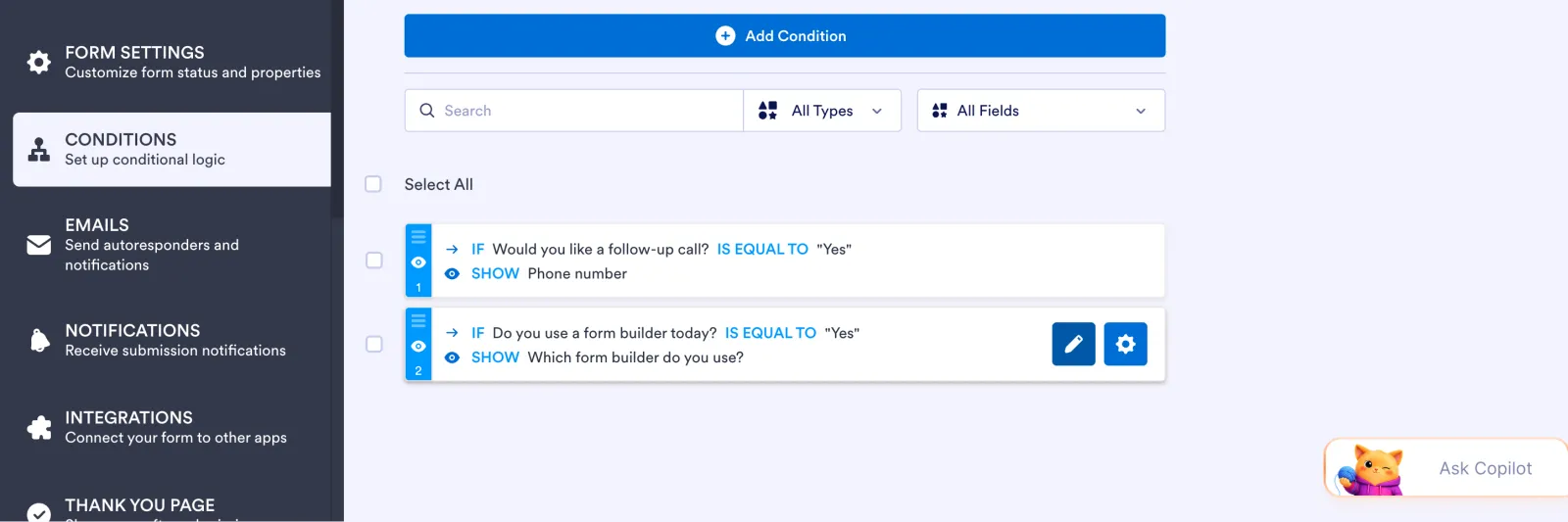 Jotform Conditions list with two Show rules based on Yes answers