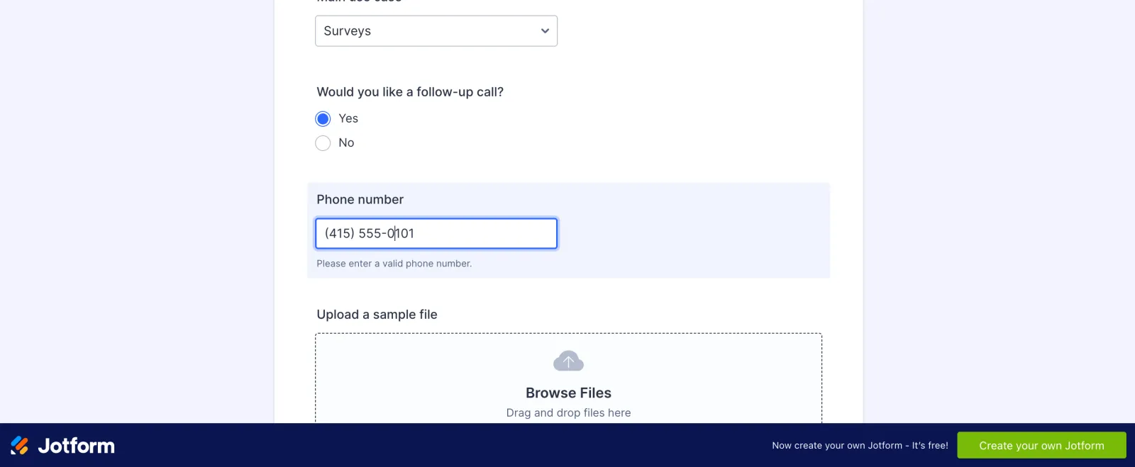 Live Jotform form with Yes picked for a follow-up call and the phone number field shown