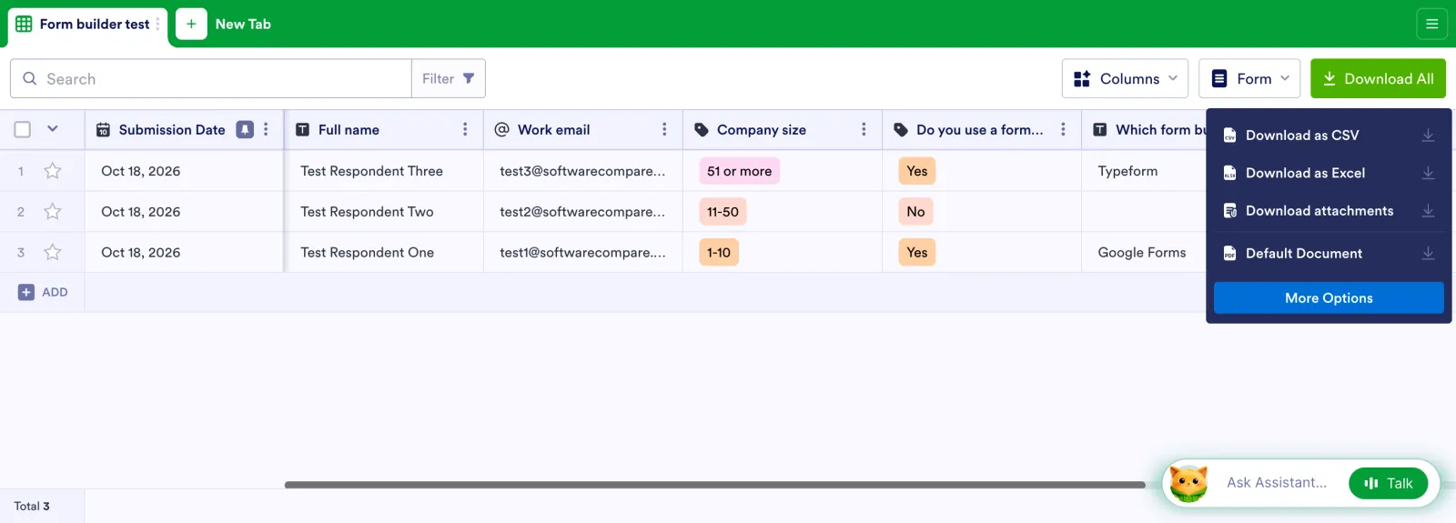Jotform Tables with 3 test submissions and the Download All menu open on Download as CSV