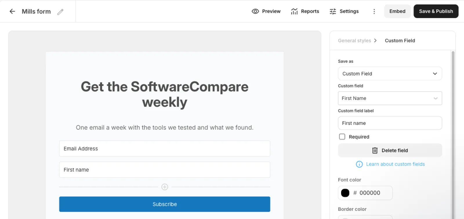 Kit form editor with the heading Get the SoftwareCompare weekly, email and first name fields and a Subscribe button