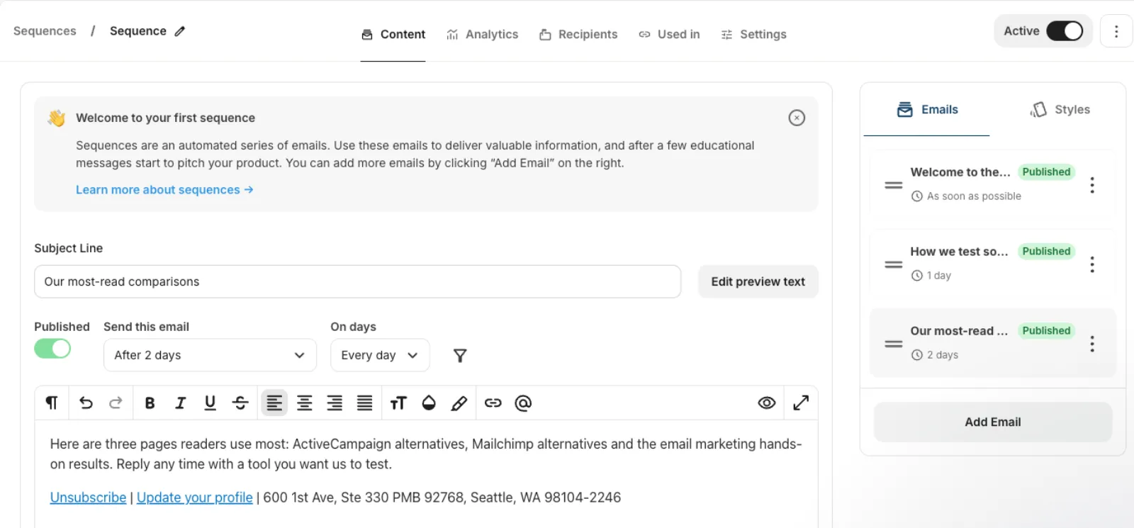 Kit sequence editor with three published emails set to send as soon as possible, after 1 day and after 2 days