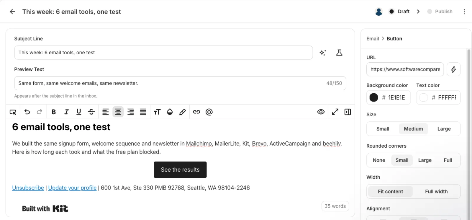 Kit broadcast editor with subject, preview text, heading, body text and a See the results button