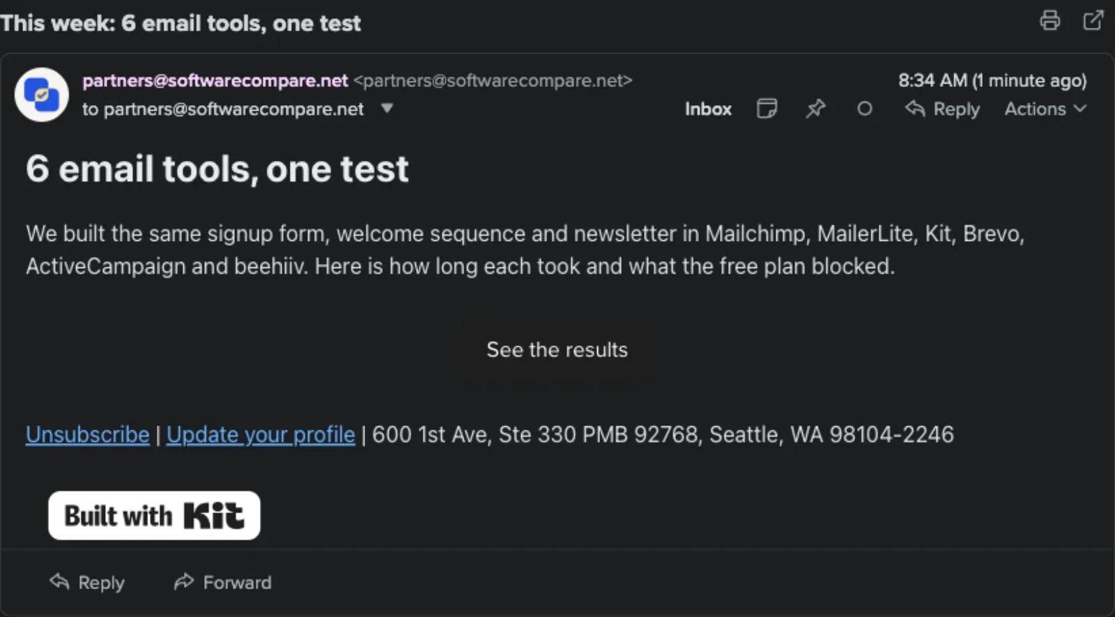 Newsletter test email in the inbox with a Built with Kit badge