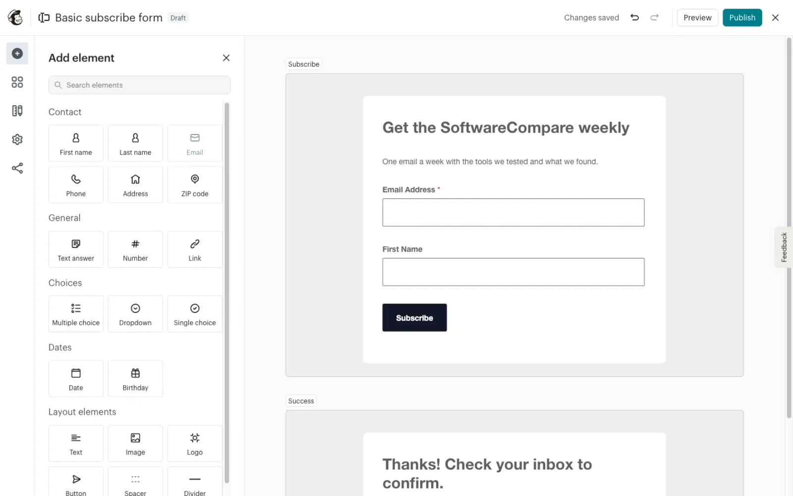 Mailchimp hosted signup form editor with the heading Get the SoftwareCompare weekly, email and first name fields and a Subscribe button