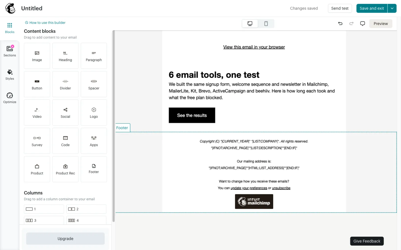 Mailchimp email editor with the newsletter heading 6 email tools, one test, body text and a See the results button