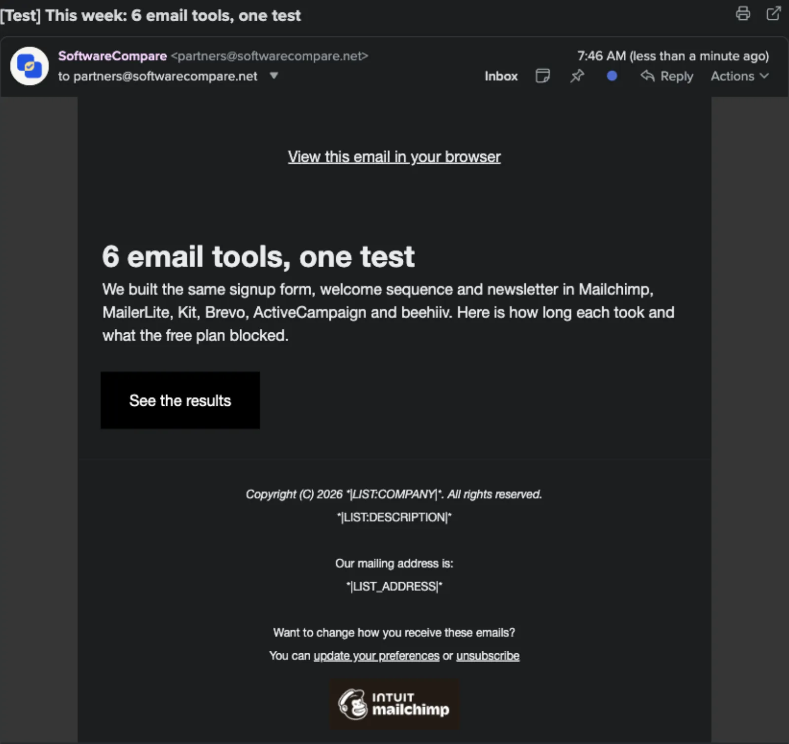 Newsletter test email in the inbox with raw merge tags in the footer