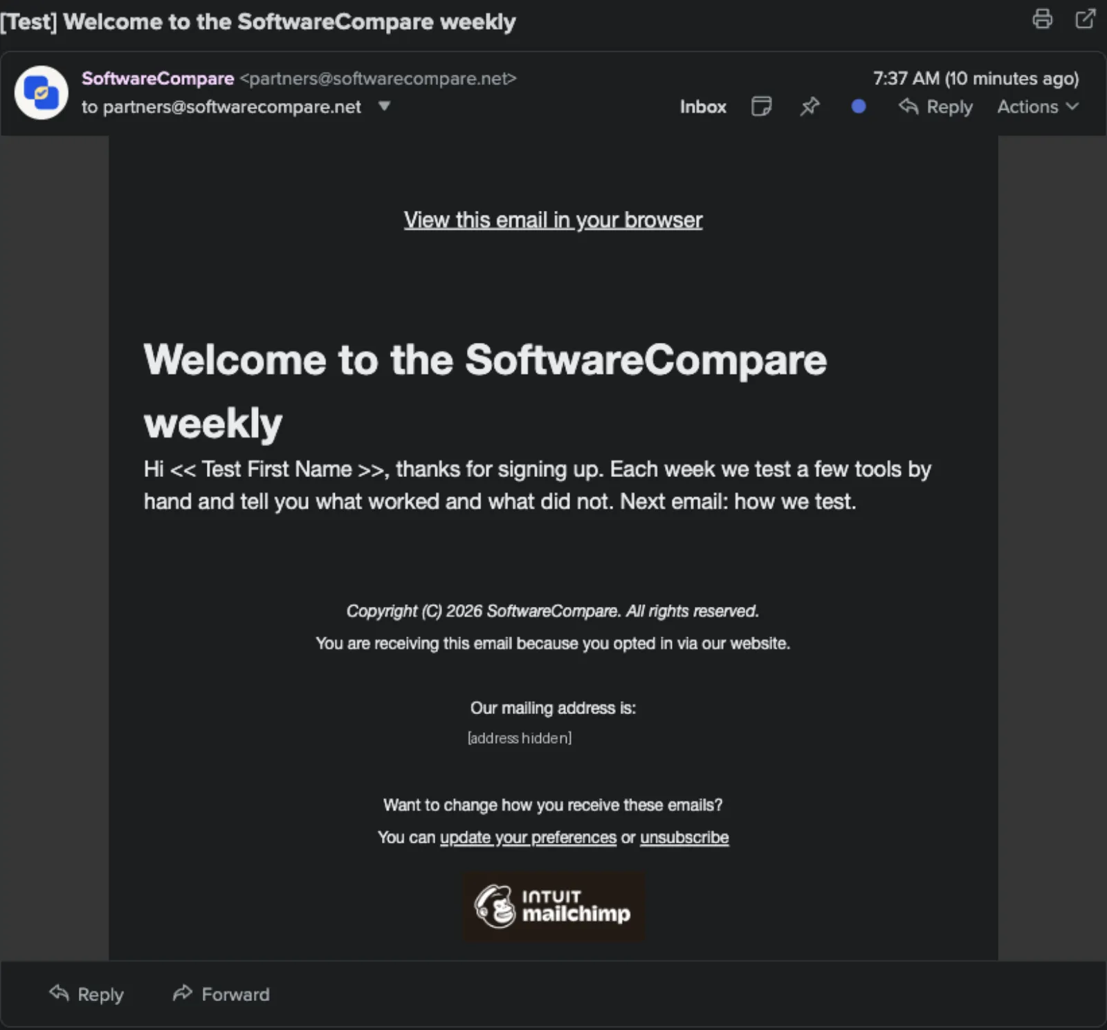 First welcome email test in the inbox reading Hi << Test First Name >>, thanks for signing up