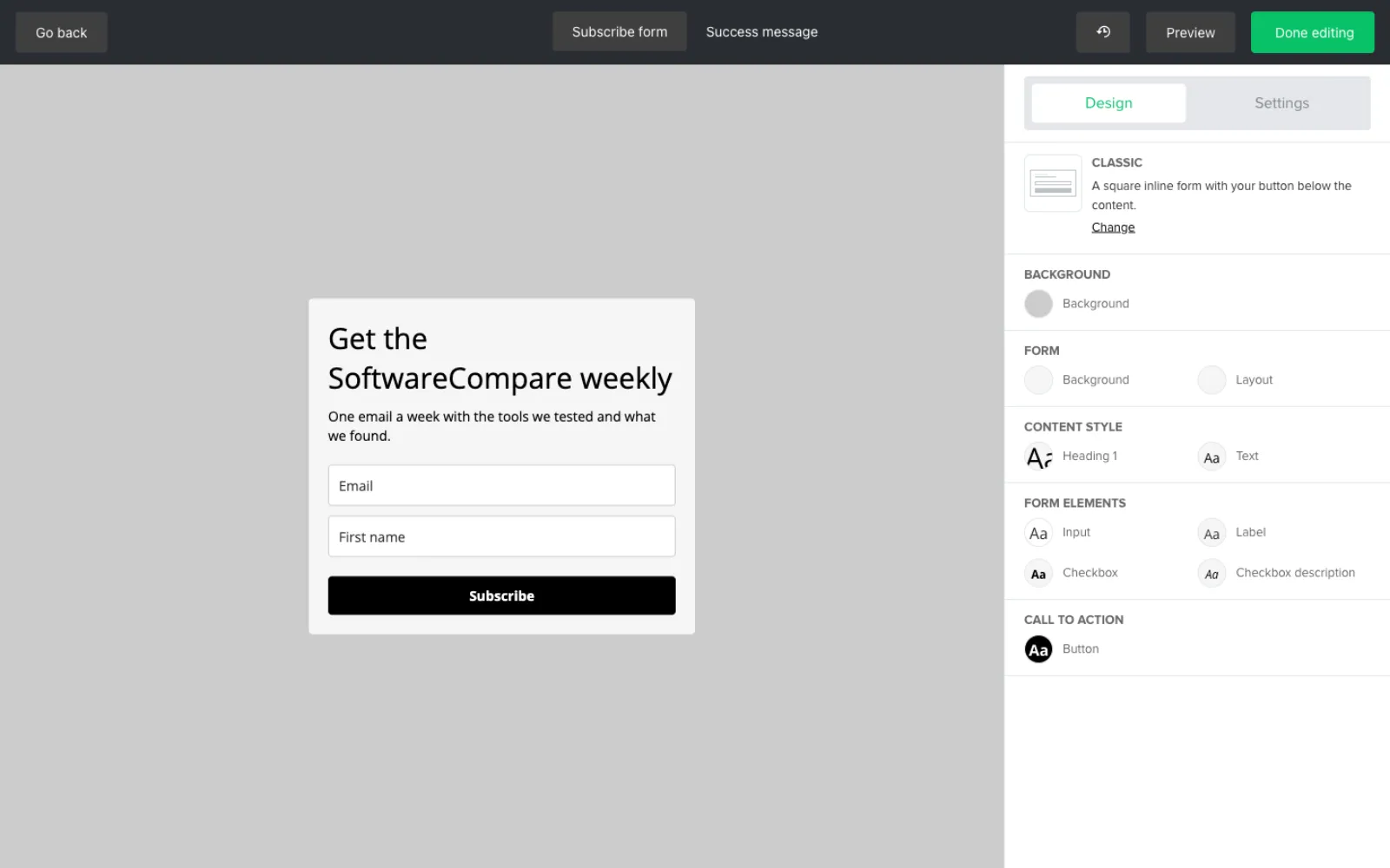 MailerLite form editor with the heading Get the SoftwareCompare weekly, email and first name fields and a Subscribe button