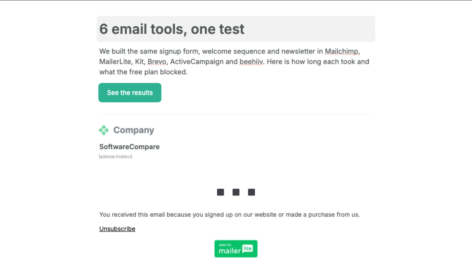MailerLite Simple editor with the newsletter heading, body text and a See the results button