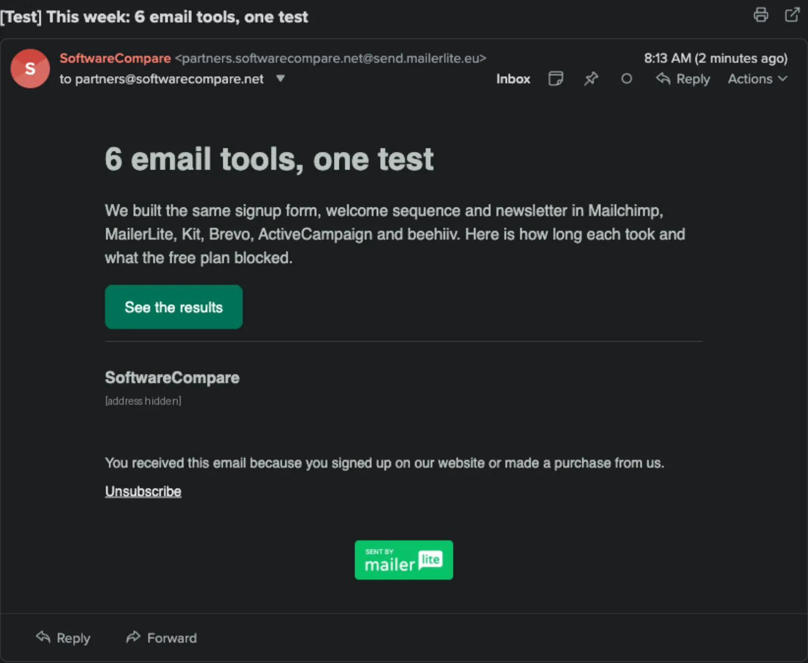 Newsletter test email in the inbox, sent from a send.mailerlite.eu address, with a Sent by MailerLite badge