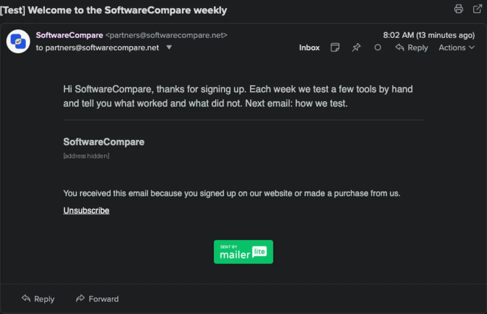 First welcome email test in the inbox reading Hi SoftwareCompare, thanks for signing up