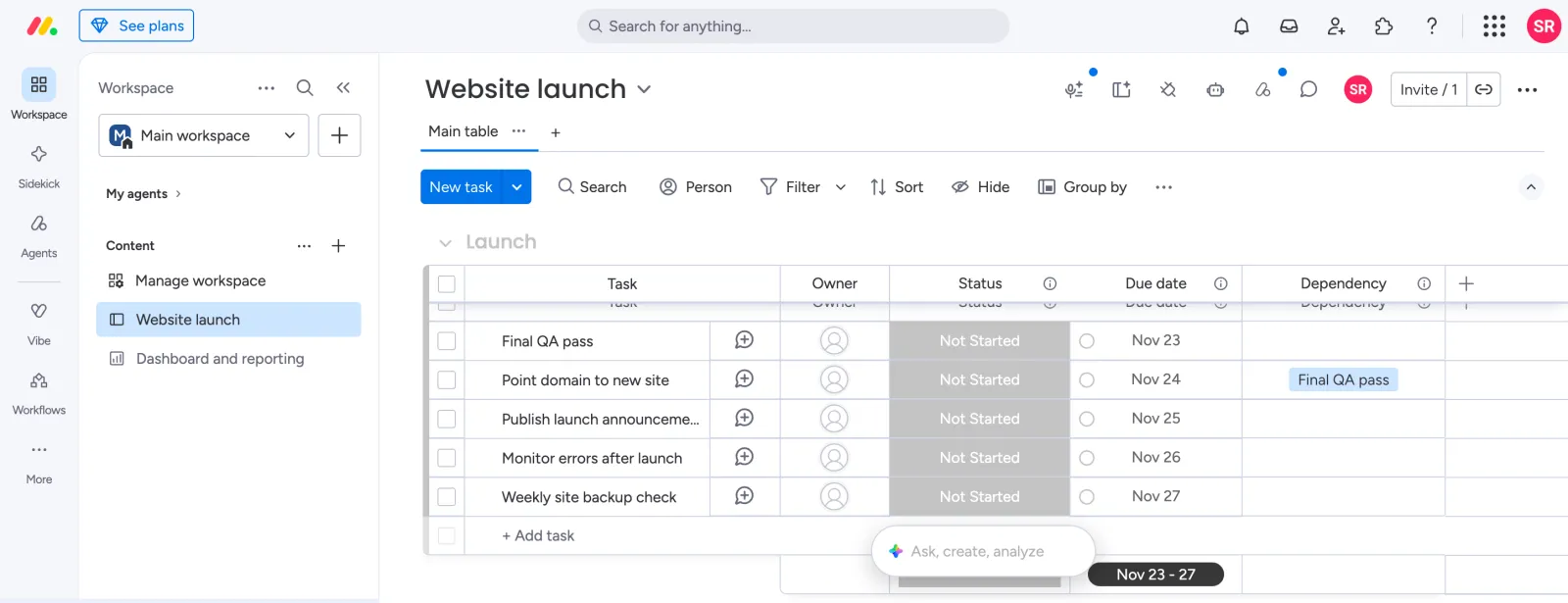 monday.com Launch group with Point domain to new site depending on Final QA pass