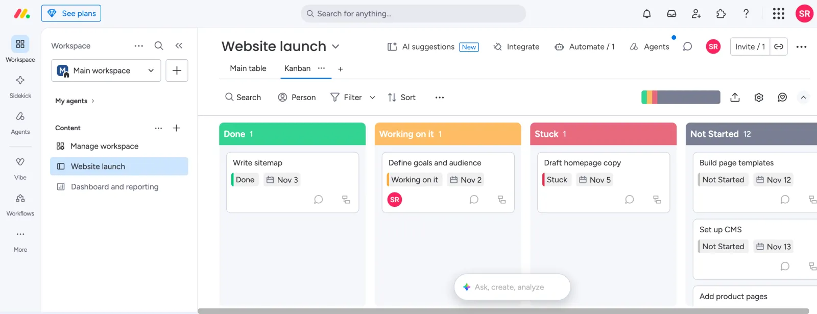 monday.com Kanban view with columns by status