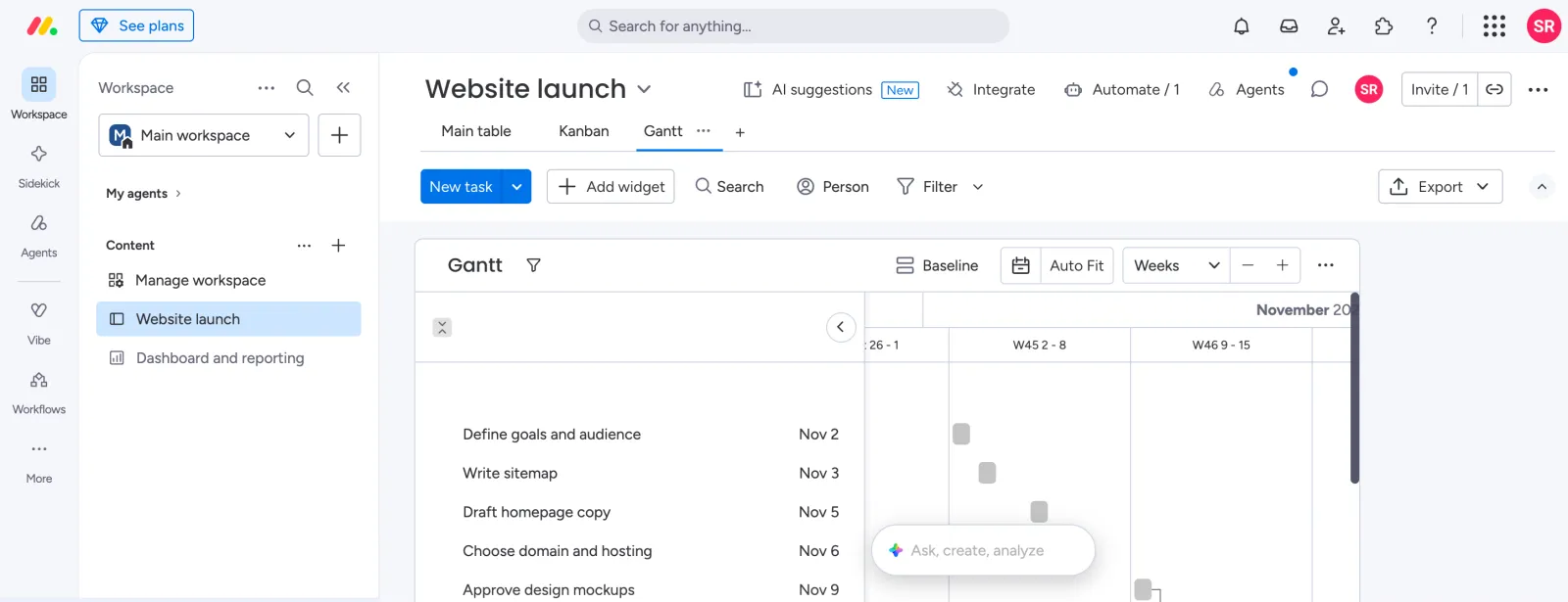 monday.com Gantt view with November tasks on a weekly scale