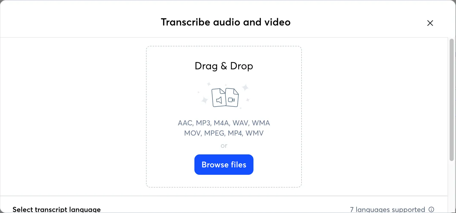 Otter Transcribe audio and video dialog with drag and drop area