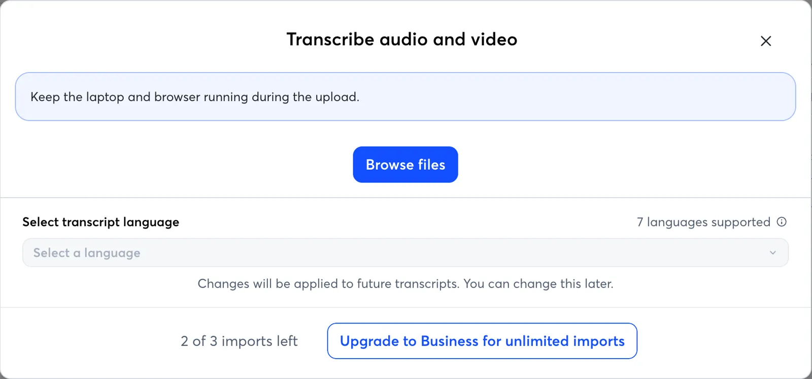 Otter import dialog showing the file transcribing with 2 of 3 imports left