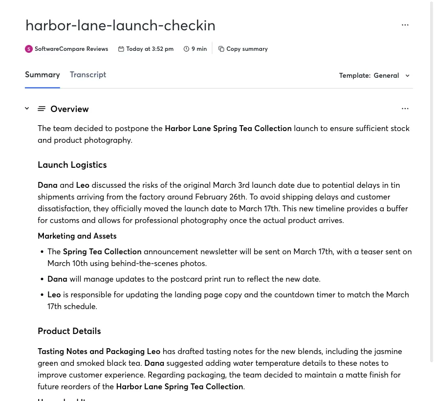 Otter summary overview stating the launch moved to March 17