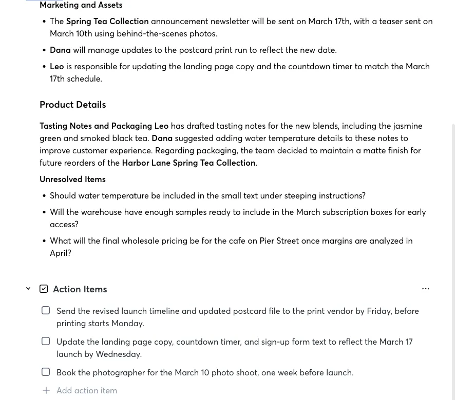 Otter action items list with three items and their deadlines