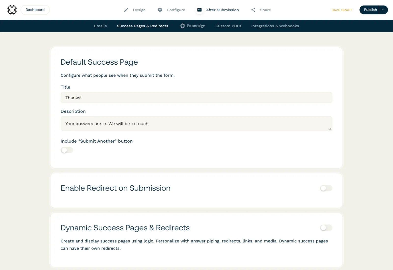 Paperform Success Pages and Redirects settings with a custom title and description