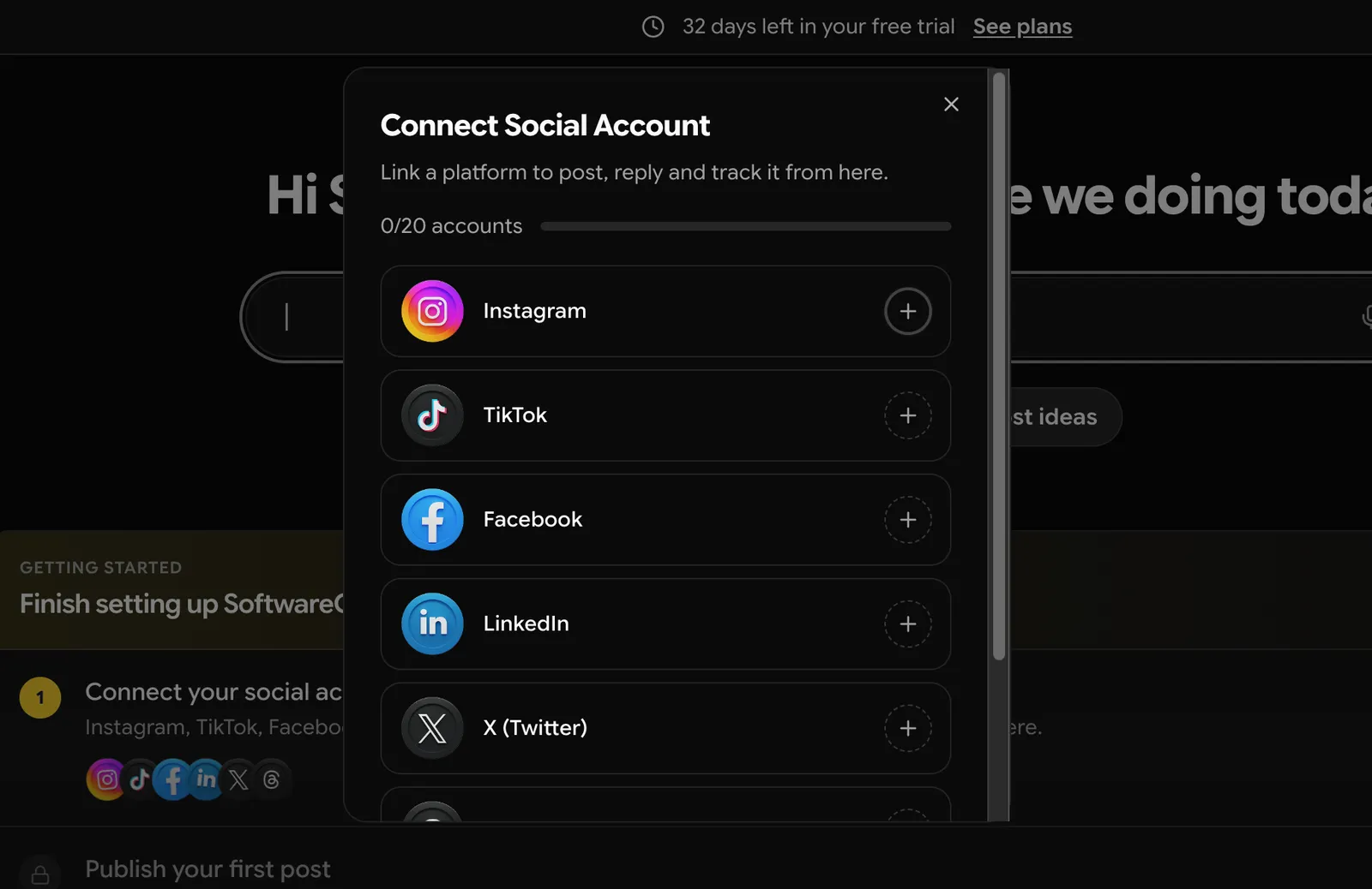 SocialDesk Connect Social Account dialog listing Instagram, TikTok, Facebook, LinkedIn and X with 0 of 20 accounts used