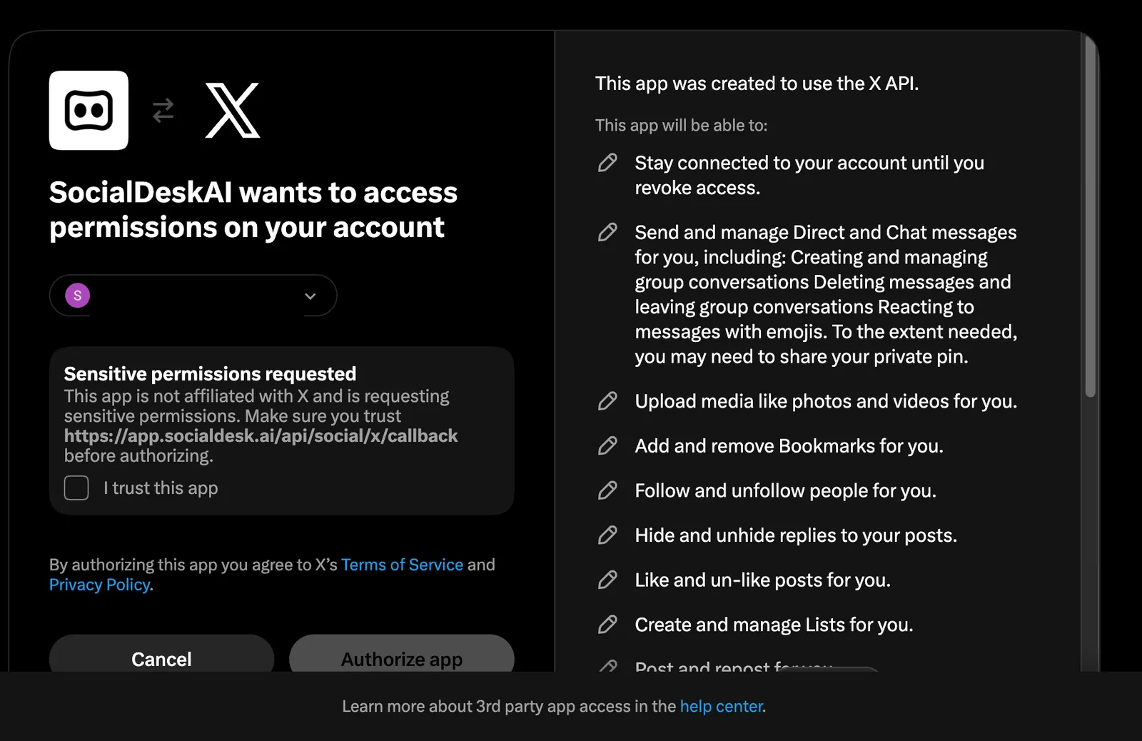 X authorize page for SocialDeskAI listing permissions such as sending direct messages, following people and liking posts
