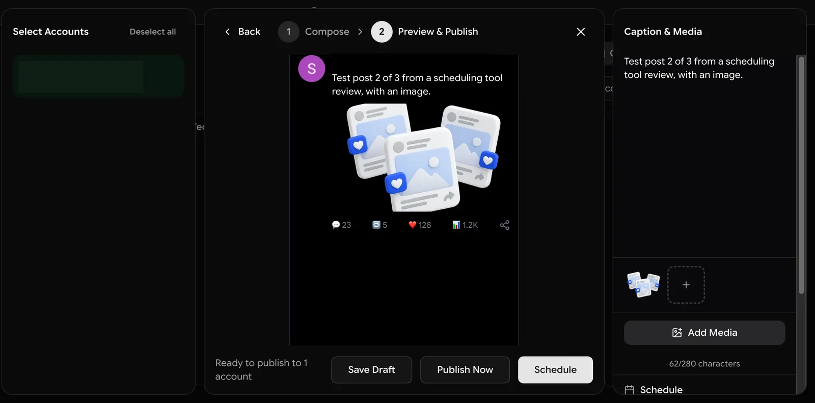 SocialDesk preview of a test post with an image, with Save Draft, Publish Now and Schedule buttons