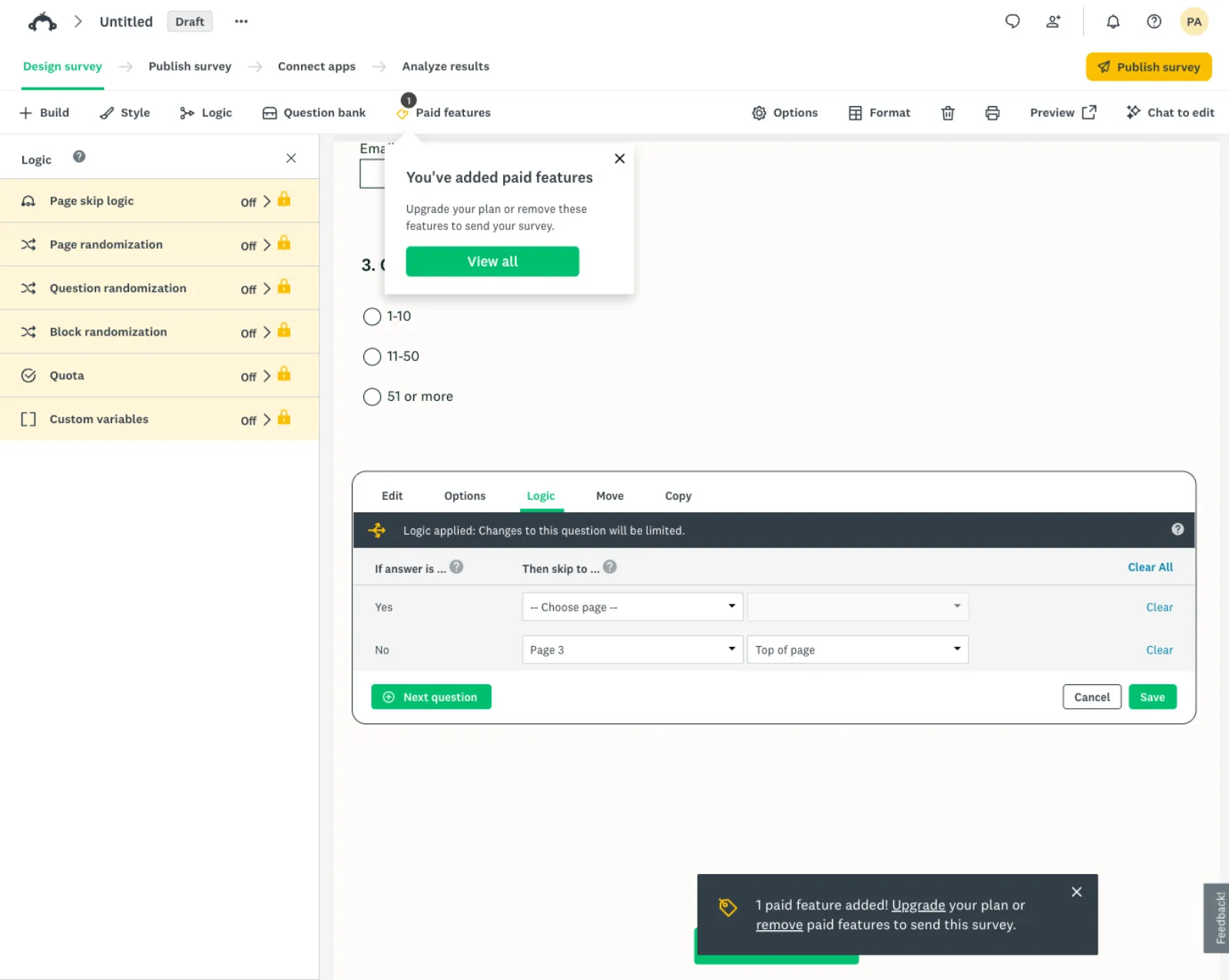 SurveyMonkey question skip logic set to jump to page 3 on No, with locked page logic options